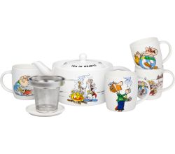 KÖNITZ 1150003041 Asterix & Obelix Set Kanne mit Sieb und Deckel & 1 Untersetzer & 4 Becher im Karton - Tee ist fertig