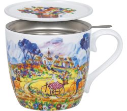 KÖNITZ 1150572992 Becher Flowers for Aunt Juliet by Portchie 425 ml mit Sieb und Deckel, Bone China Porzellan