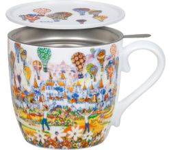 KÖNITZ 1150572994 Becher Hot Air Balloon by Portchie 425 ml mit Sieb und Deckel, Bone China Porzellan