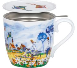 KÖNITZ 1150572995 Becher Kites and Cycling by Portchie 425 ml mit Sieb und Deckel, Bone China Porzellan