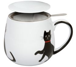 Könitz 1151432260 Becher mit Sieb und Deckel 400 ml My lovely cats - red necklace / Teebecher schwarze Katze
