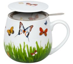 KÖNITZ 1151432277 Becher mit Sieb und Deckel 400 ml - Tea For You - Schmetterlingswiese, Porzellan