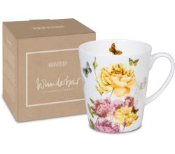 KÖNITZ 1152552979 Becher Wunderbar BLUMEN COLLAGE GELB im Geschenkkarton - 600 ml aus Bone China Porzellan