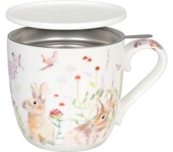 KÖNITZ 115S572368 Becher Victoria Lowe - Spring Bunnies 425 ml mit Sieb und Deckel, Bone China Porzellan