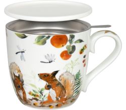 KÖNITZ 115S572615 Becher Victoria Lowe - Autumn squirre (Herbst Eichhörnchen) 425 ml mit Sieb und Deckel, Bone China Porzellan