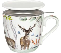 KÖNITZ 115S572616 Becher Victoria Lowe - Winter deer (Winter Hirsch) 425 ml mit Sieb und Deckel, Bone China Porzellan