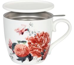 KÖNITZ 115S572669 Becher Gardening - Red Peony (Pfingstrose) 425 ml mit Sieb und Deckel, Bone China Porzellan