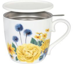 KÖNITZ 115S572670 Becher Gardening - Yellow Roses 425 ml mit Sieb und Deckel, Bone China Porzellan