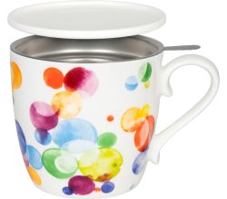 KÖNITZ 115S572708 Becher Colourful Cast Bubbles 425 ml mit Sieb und Deckel, Bone China Porzellan