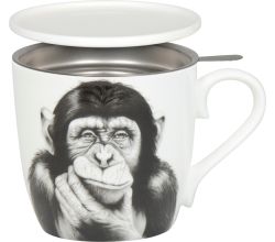 KÖNITZ 115S572830 Becher DENKENDER AFFE  425 ml mit Sieb und Deckel, Bone China Porzellan