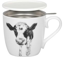 KÖNITZ 115S572863 Becher AMAZING ANIMALS Kuh 425 ml mit Sieb und Deckel, Bone China Porzellan / Design Vanessa Kahl