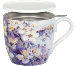 KÖNITZ 115S572929 Becher Purple Blossoms 425 ml mit Sieb und Deckel, Bone China Porzellan