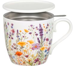 KÖNITZ 115S572954 Becher Blumenwiese 425 ml mit Sieb und Deckel, Bone China Porzellan