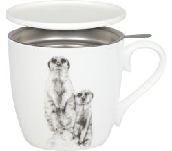 KÖNITZ 115S572957 Becher AMAZING ANIMALS Erdmännchen 425 ml mit Sieb und Deckel, Bone China Porzellan / Design Vanessa Kahl