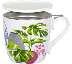 KÖNITZ 115S573022 Becher Urban Jungle - Monstera 425 ml mit Sieb und Deckel, Bone China Porzellan