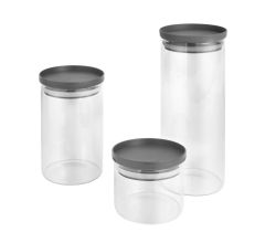 METALTEX 187220000 Aroma Line 3er Set Vorratsgläser rund 450 + 1000 + 1500 ml aus Borosilikatglas, Deckel mit Silikondichtung, stapelbar