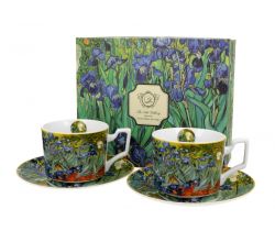 DUO ART GALLERY 2er-Set Luxus Tassen 270 ml IRISES inspired by Van Gogh, mit Untertassen, New Bone China Porzellan