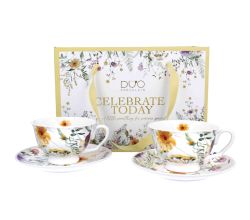 DUO 2er-Set Tassen PANSY, 250 ml mit Untertassen, New Bone China Porzellan, in Geschenkbox