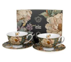 DUO FLOWERS ROYAL 2er-Set Tassen 250 ml PEONY BLUE (Pfingstrose) mit Untertassen, New Bone China Porzellan