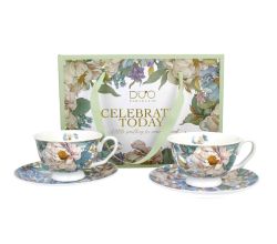 DUO 2er-Set Tassen PEONY WHITE, 250 ml mit Untertassen, New Bone China Porzellan, in Geschenkbox
