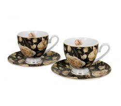 DUO GOLDEN LINE 2er Set Tassen mit Untertassen 220 ml ENGLISH ROSES BLACK, New Bone China Porzellan