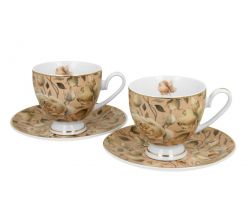 DUO GOLDEN LINE 2er Set Tassen mit Untertassen 220 ml ENGLISH ROSES CREAM, New Bone China Porzellan