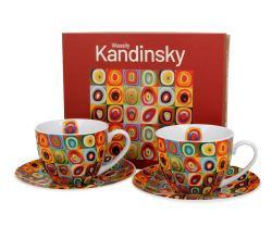 DUO ART GALLERY 2er-Set Tassen 270 ml SQUARES WITH CIRCLES inspired by W. Kandinsky, mit Untertassen, New Bone China Porzellan