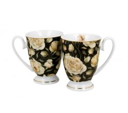 DUO GOLDEN LINE 2er Set Becher mit Fuß 320 ml ENGLISH ROSES BLACK, New Bone China Porzellan