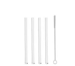 Metaltex 253187000 Trinkhalme kurz/gerade aus Glas, 4 Stk. mit Reinigungsbürste / Strohhalme