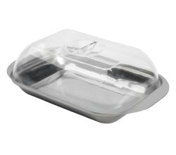 METALTEX 253307000 Butterdose aus Edelstahl mit transparentem Runddeckel, 18 x 12 x 5,5 cm