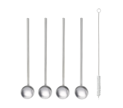 Metaltex 253926000 Trinkhalme & Löffel INOX 4 Stk. mit Reinigungsbürste / Strohhalme / Longdrinklöffel / Cocktaillöffel