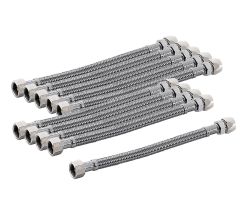10er SET Flexibler Edelstahlschlauch 300 mm mit 3/8 Zoll Verschraubung und 3/8 Zoll Quetschverbindung / Anschlussschlauch