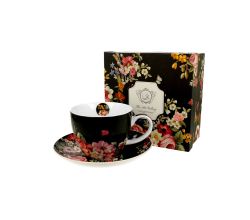DUO FLORAL Jumbobecher 470 ml VINTAGE FLOWERS BLACK mit Untertasse, New Bone China Porzellan