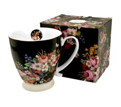DUO FLORAL Jumbobecher 480 ml VINTAGE FLOWERS BLACK mit Fuß, New Bone China Porzellan