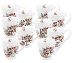 10er SET DUO FLORAL Jumbobecher 480 ml VINTAGE FLOWERS WHITE mit Fuß, New Bone China Porzellan