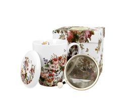 DUO FLORAL Becher 380 ml VINTAGE FLOWERS WHITE mit Teesieb, New Bone China Porzellan