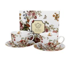 DUO FLORAL 2er-Set Tassen 280 ml VINTAGE FLOWERS WHITE mit Untertassen, New Bone China Porzellan