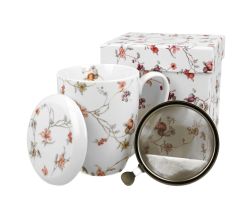 DUO FLORAL Becher 380 ml SAFA mit Teesieb, New Bone China Porzellan