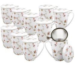 10er SET DUO FLORAL Becher 380 ml SAFA mit Teesieb, New Bone China Porzellan