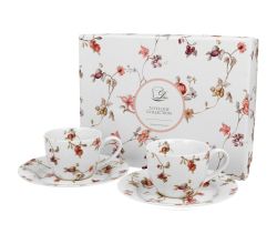 DUO FLORAL 2er-Set Espressotassen 90 ml SAFA mit Untertassen, New Bone China Porzellan