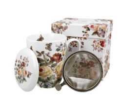 DUO FLORAL Becher 380 ml ZAHRA mit Teesieb, New Bone China Porzellan