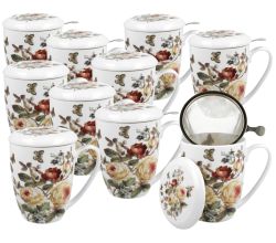 10er SET DUO FLORAL Becher 380 ml ZAHRA mit Teesieb, New Bone China Porzellan