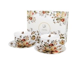 DUO FLORAL 2er-Set Tassen 280 ml ZAHRA mit Untertassen, New Bone China Porzellan