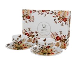 DUO FLORAL 2er-Set Espressotassen 90 ml ZAHRA mit Untertassen, New Bone China Porzellan