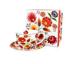 DUO ETNO Jumbobecher 470 ml ŁOWICZ mit Untertasse, New Bone China Porzellan