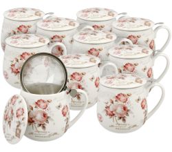 10er SET DUO FLORAL Fassbecher 430 ml SECESSION mit Teesieb, New Bone China Porzellan