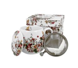 DUO FLORAL Fassbecher 430 ml VINTAGE FLOWERS WHITE mit Teesieb, New Bone China Porzellan