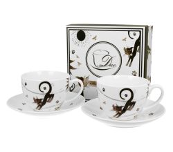 DUO ANIMALS 2er-Set Tassen 280 ml CHARMING CATS mit Untertassen, New Bone China Porzellan