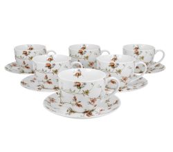 DUO FLORAL 6er-Set Tassen 220 ml SAFA mit Untertassen, New Bone China Porzellan