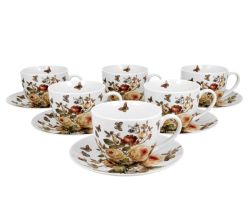 DUO FLORAL 6er-Set Tassen 220 ml ZAHRA mit Untertassen, New Bone China Porzellan